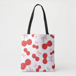 レッドさくらんぼとピンクボウコケットコテージシック トートバッグ