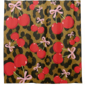 レッドさくらんぼとピンクボウコケットヒョウ柄 シャワーカーテン (正面)