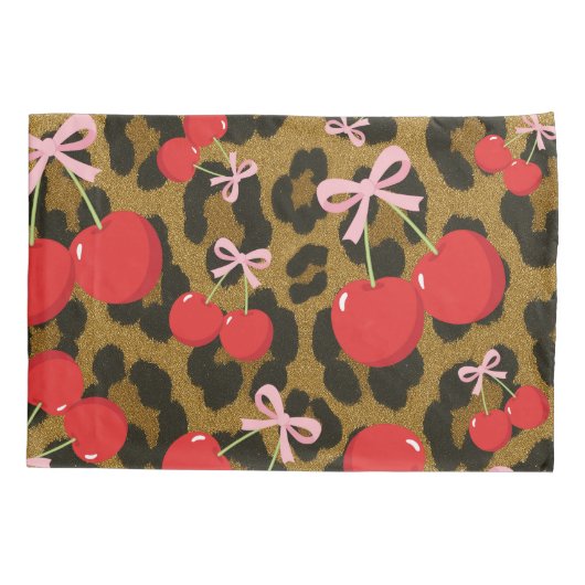 レッドさくらんぼとピンクボウコケットヒョウ柄 枕カバー (裏面)