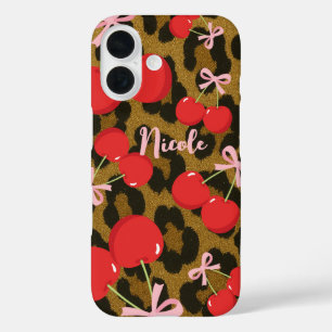 レッドさくらんぼとピンクボウコケットヒョウ柄 iPhone 16ケース