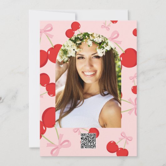 レッドさくらんぼとピンクボウコケットブライダルシャワー 招待状 (裏面)