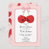 レッドさくらんぼとピンクボウコケットブライダルシャワー 招待状 (正面/裏面)