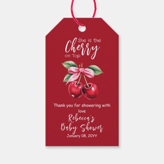 レッドさくらんぼオントップコケットピンクボウベビーシャワー ギフトタグ (正面)