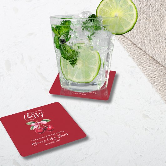 レッドさくらんぼオントップコケットピンクボウベビーシャワー スクエアペーパーコースター