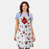 レッドさくらんぼグリーンリー&さくらんぼ花ズモノグラム エプロン (着用した状態)