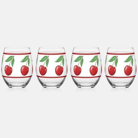 レッドさくらんぼデザイン ステムなしワイングラス (右)