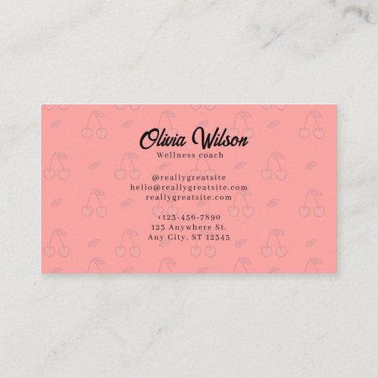 レッドさくらんぼパターン背景ヨガコーチ 名刺 (裏面)