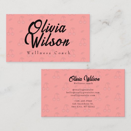 レッドさくらんぼパターン背景ヨガコーチ 名刺 (正面/裏面)