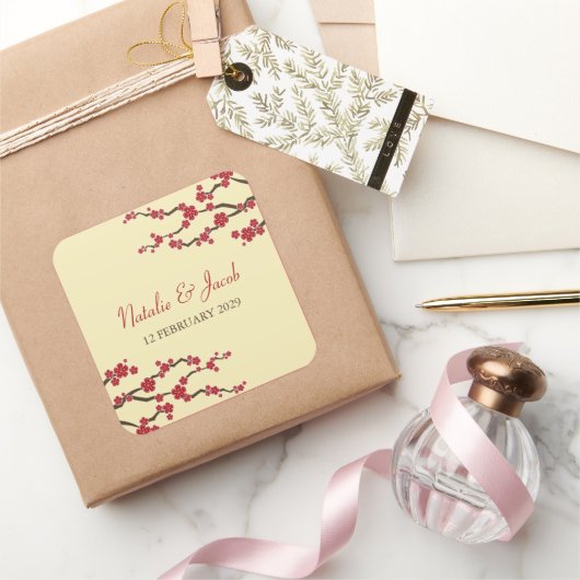 レッドさくらんぼフラムス桜アジア結婚式の引き出物 スクエアシール (ギフト)