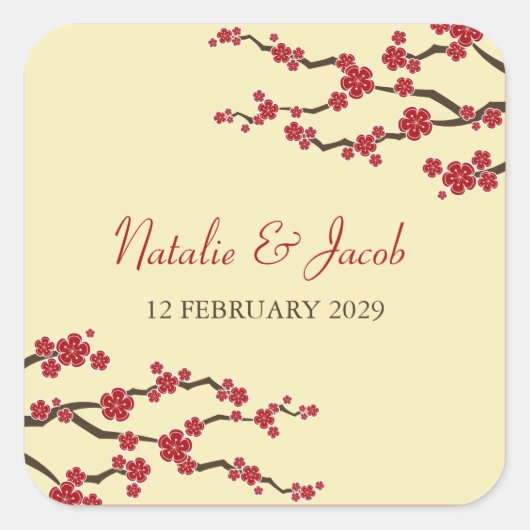 レッドさくらんぼフラムス桜アジア結婚式の引き出物 スクエアシール (正面)