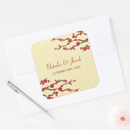 レッドさくらんぼフラムス桜アジア結婚式の引き出物 スクエアシール (封筒)
