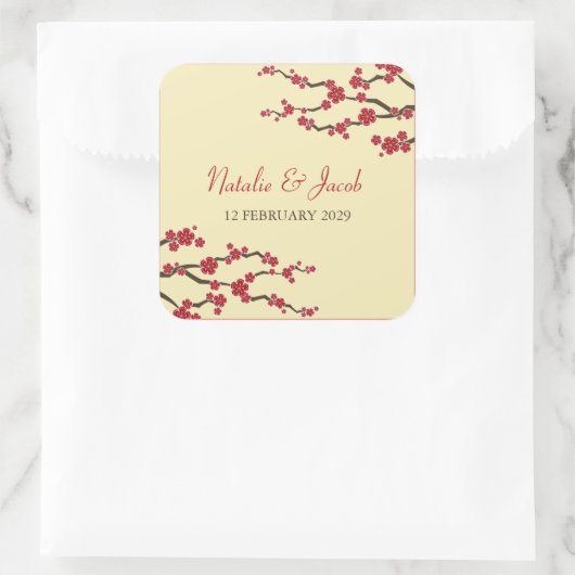 レッドさくらんぼフラムス桜アジア結婚式の引き出物 スクエアシール (バッグ)