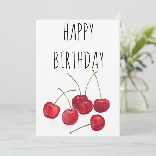 レッドさくらんぼフルーツウォーターカラースウィートハッピーバースデー 招待状 (スタンド正面)