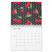 レッドさくらんぼフルーツグリーン葉白黒ドット カレンダー (3月 2026)