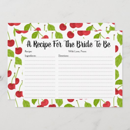 レッドさくらんぼブライダルシャワーレシピカード (正面/裏面)