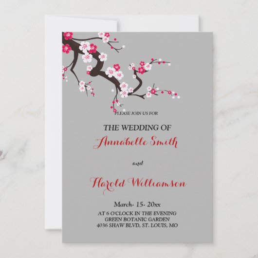 レッドさくらんぼブロッサムピンクホワイトフローラ結婚ズカード 招待状 (正面)
