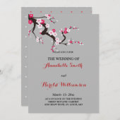 レッドさくらんぼブロッサムピンクホワイトフローラ結婚ズカード 招待状 (正面/裏面)