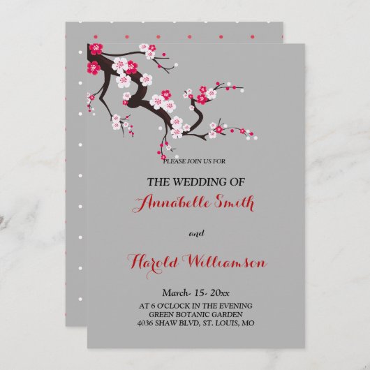 レッドさくらんぼブロッサムピンクホワイトフローラ結婚ズカード 招待状 (正面/裏面)