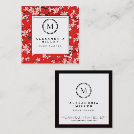 レッドさくらんぼブロッサムフローラ |モノグラム スクエア名刺 (正面/裏面)