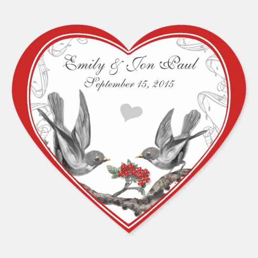 レッドさくらんぼブロッサムヴィンテージ鳥結婚式用シール ハートシール (正面)