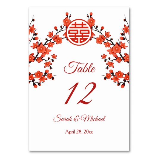 レッドさくらんぼブロッサム中国のホワイト結婚ズ テーブルナンバー (正面)
