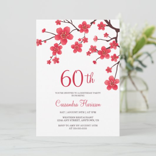 レッドさくらんぼブロッサム桜素朴フローラ誕生日 招待状 (スタンド正面)