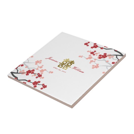 レッドさくらんぼ花エレガント中国の結婚式の引き出物 タイル (側面)