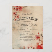 レッドさくらんぼ開花ベージュダブルバースデーパーティー 招待状 (正面/裏面)