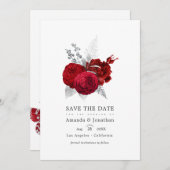 レッドとシルバーのヴィンテージ ローズ ウェディング フォト セーブザデート (正面/裏面)