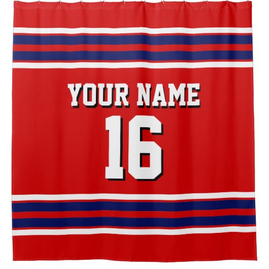 レッドとネイビーホワイトストライプスポーツジャージー シャワーカーテン (正面)
