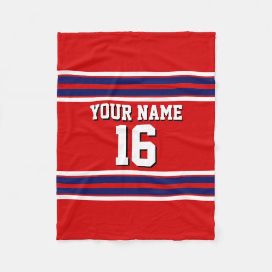 レッドとネイビーホワイトストライプズのチームジャージー フリースブランケット (正面)
