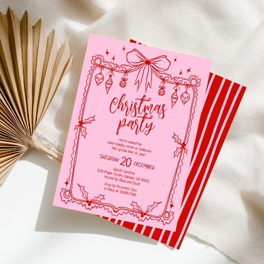 レッドとピンクの手描きクリスマスパーティー 招待状