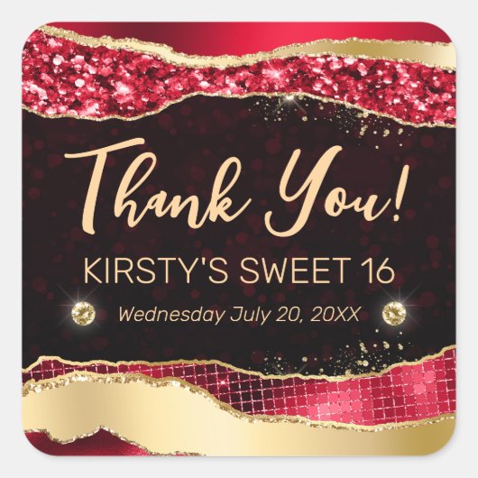 レッドと金ゴールドグリッターグラムティアーズSweet sixteen スクエアシール (正面)