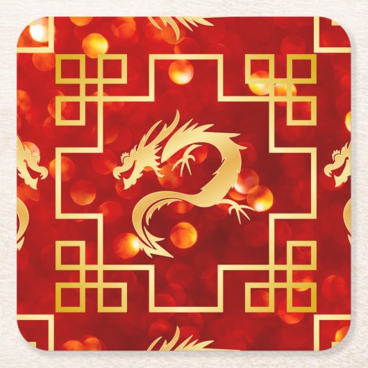 レッドと金ゴールドドラゴン結婚ズ スクエアペーパーコースター (正面)