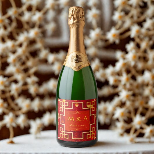 レッドと金ゴールドドラゴン結婚ズ スパークリングワインラベル