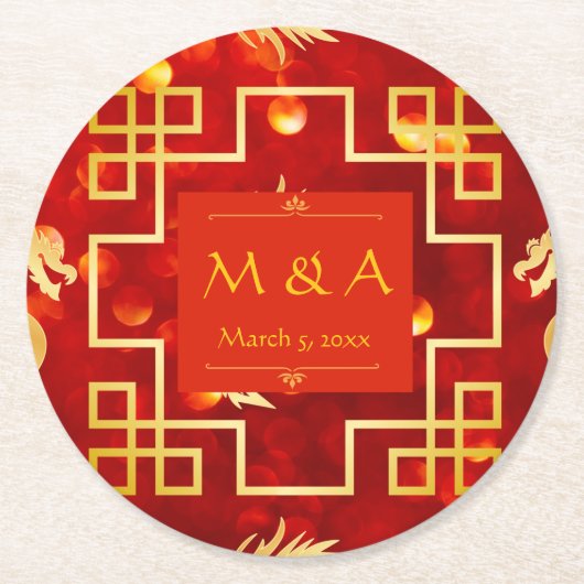 レッドと金ゴールドドラゴン結婚ズ ラウンドペーパーコースター (正面)