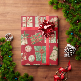 レッドのクリスマス包装紙 ギフトパターンが楽しい ラッピングペーパー