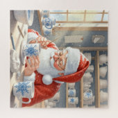 レッドのクリスマス水彩サンタのワークショップ ジグソーパズル (横)