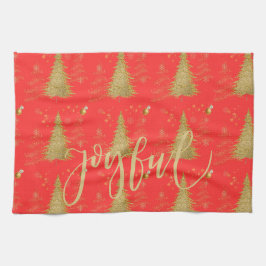 レッドのクリスマス+ホリデーパーティーのゴールド JOYFUL キッチンタオル
