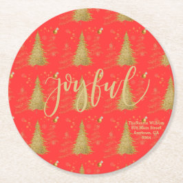 レッドのクリスマス+ホリデーパーティーのゴールドJOYFUL ラウンドペーパーコースター