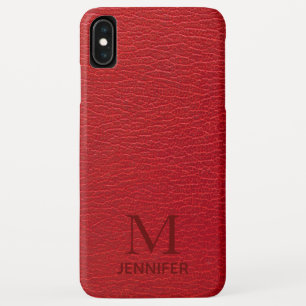 レッドのテクスチャードレザーモノグラム オーダーメイドネーム iPhone XS MAXケース