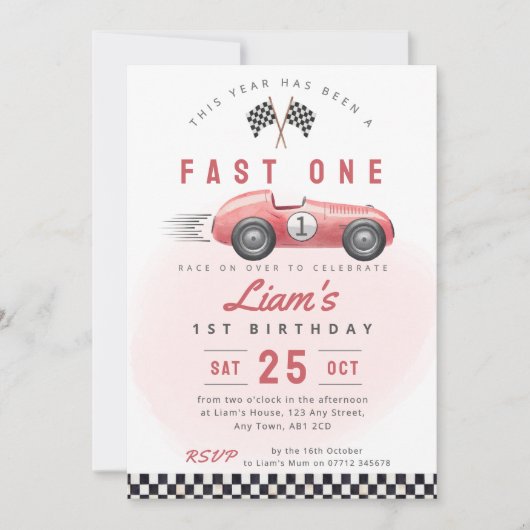 レッドのビンテージカーの1歳の誕生日パーティーの招待状 招待状 (正面)