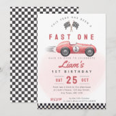 レッドのビンテージカーの1歳の誕生日パーティーの招待状 招待状 (正面/裏面)