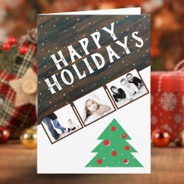 レッドの田舎風の木製クリスマスツリー 3枚の写真入りクリスマス カード