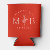 レッドの田舎風の花の茎のウェディングモノグラム 缶クーラー (正面)