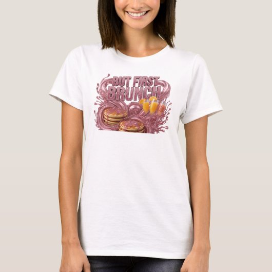 レッドの3Dテキストアート「BUT FIRST BRUNCH」 Tシャツ (正面)
