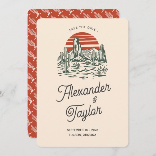 レッドはっきりしたレトロサグアーロランドスケープ結婚デザート セーブザデート (正面/裏面)