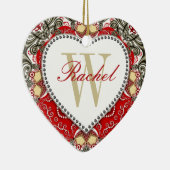 レッドろうけつ染めモノグラムラブハートオーナメント セラミックオーナメント (右)