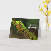 レッドアイドツリーフロッグフォト誕生日 カード (黄色い花)