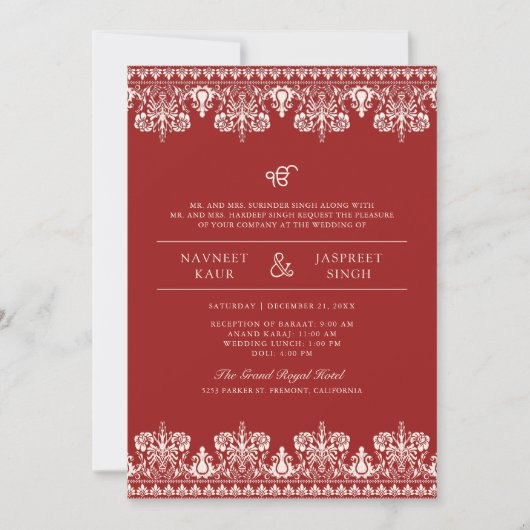 レッドアイボリーダマ縁どスクアナンドカラジ結婚シーク 招待状 (正面)